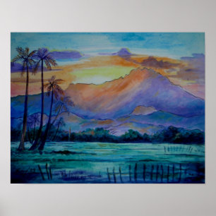 Mount Kinabalu Sunrise  Watercolor Art Poster