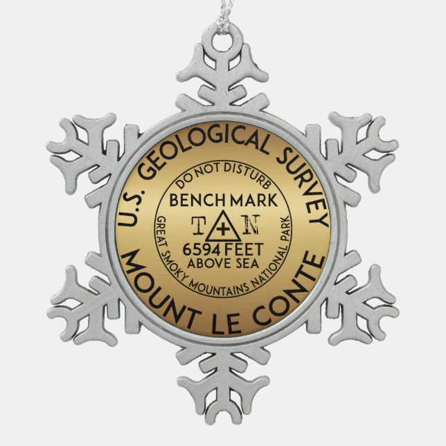 Mount Le Conte Benchmark Tennessee Great Smoky Snowflake Pewter Christmas Ornament (Front)