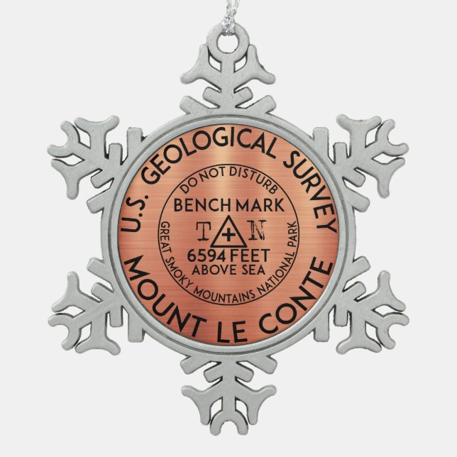 Mount Le Conte Benchmark Tennessee Great Smoky Snowflake Pewter Christmas Ornament (Front)
