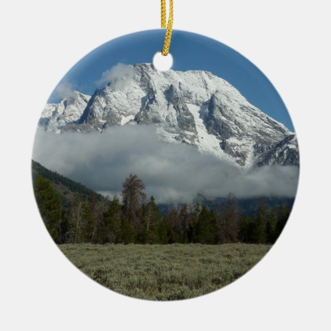 Mount Moran and Clouds at Grand Teton Ceramic Tree Decoration (Front)