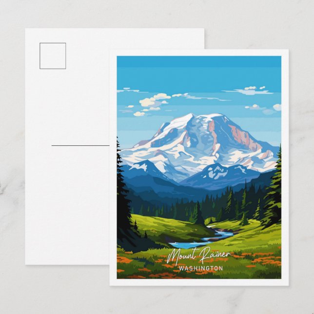 Mount Rainer Washington Art Travel illustration Postcard (Front/Back)