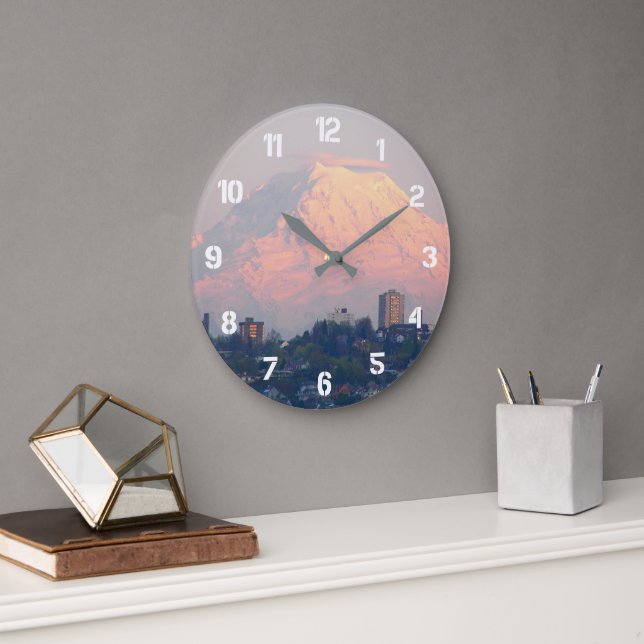 Mount Rainier Alpenglow Landscape Large Clock (Office)