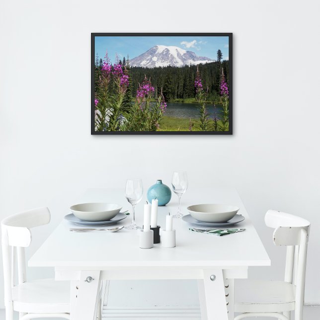 Mount Rainier and Wildflowers Photo Glossy Poster (In Situ)