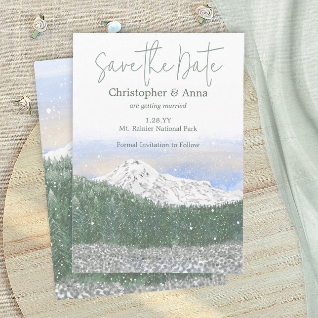 Mount Rainier, Falling Snow Wedding Save the Date Advice Card (mount mt. rainier save the date wedding card, mountains, snow, trees, forest wedding invitation)