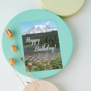 Mount Rainier Lake and Flowers Photo Birthday Card