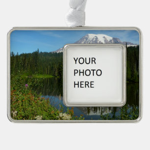 Mount Rainier Lake Reflection Silver Plated Framed Ornament