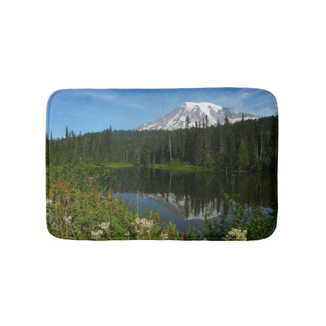 Mount Rainier Lake Reflection with Wildflowers Bath Mat (Front)