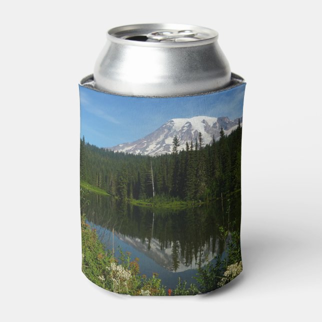 Mount Rainier Lake Reflection with Wildflowers Can Cooler (Can Front)