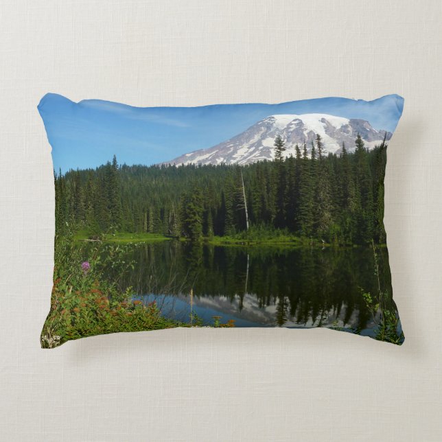 Mount Rainier Lake Reflection with Wildflowers Decorative Cushion (Front)