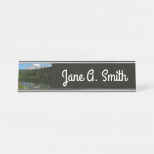 Mount Rainier Lake Reflection with Wildflowers Desk Name Plate