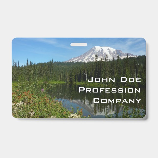 Mount Rainier Lake Reflection with Wildflowers ID Badge (Front)
