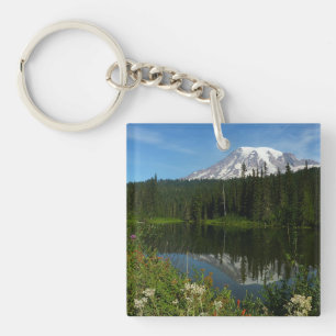 Mount Rainier Lake Reflection with Wildflowers Key Ring