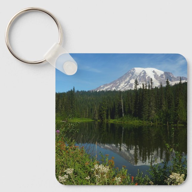Mount Rainier Lake Reflection with Wildflowers Key Ring (Front)