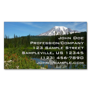 Mount Rainier Lake Reflection with Wildflowers Magnetic Business Card