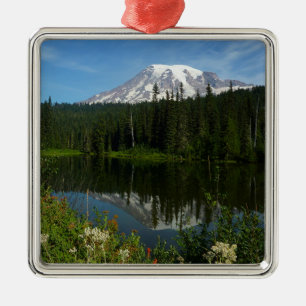Mount Rainier Lake Reflection with Wildflowers Metal Tree Decoration