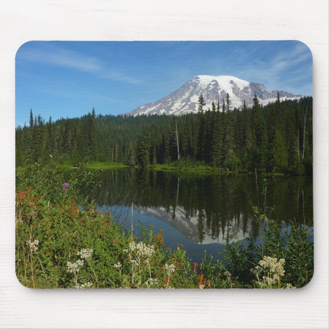 Mount Rainier Lake Reflection with Wildflowers Mouse Mat (Front)