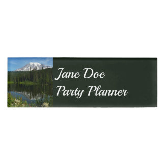 Mount Rainier Lake Reflection with Wildflowers Name Tag