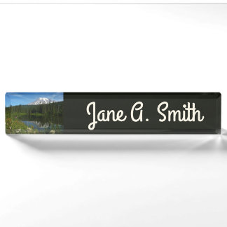 Mount Rainier Lake Reflection with Wildflowers Nameplate