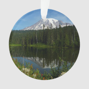 Mount Rainier Lake Reflection with Wildflowers Ornament