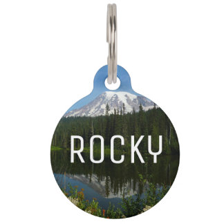 Mount Rainier Lake Reflection with Wildflowers Pet Tag