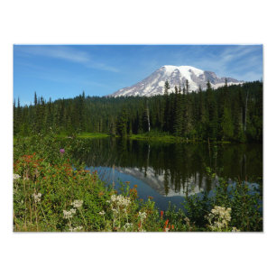 Mount Rainier Lake Reflection with Wildflowers Photo Print