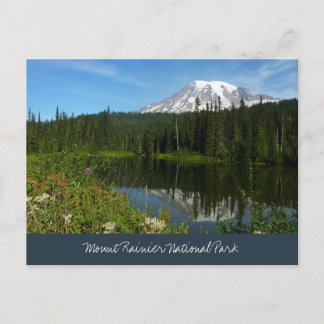 Mount Rainier Lake Reflection with Wildflowers Postcard