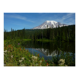 Mount Rainier Lake Reflection with Wildflowers Poster