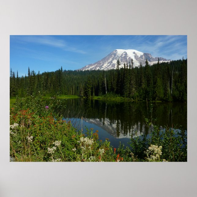 Mount Rainier Lake Reflection with Wildflowers Poster (Front)