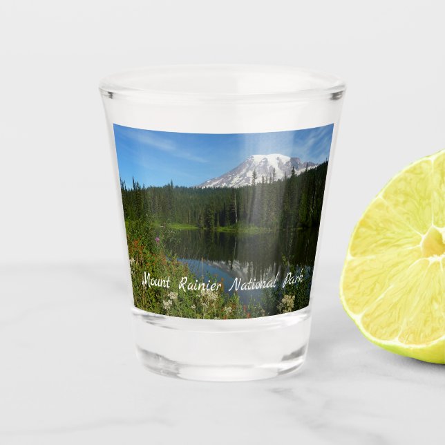 Mount Rainier Lake Reflection with Wildflowers Shot Glass (Front)