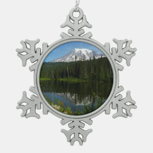 Mount Rainier Lake Reflection with Wildflowers Snowflake Pewter Christmas Ornament