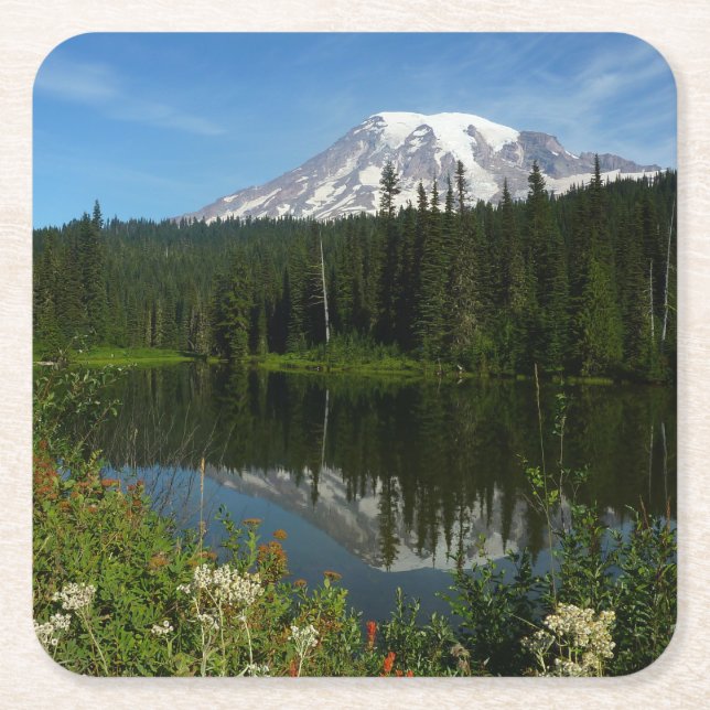 Mount Rainier Lake Reflection with Wildflowers Square Paper Coaster (Front)