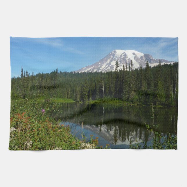 Mount Rainier Lake Reflection with Wildflowers Tea Towel (Horizontal)
