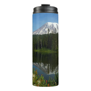 Mount Rainier Lake Reflection with Wildflowers Thermal Tumbler