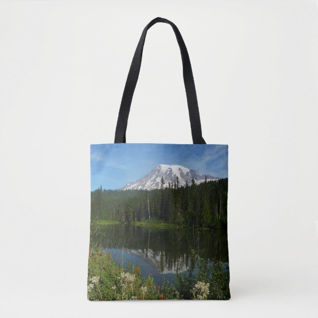 Mount Rainier Lake Reflection with Wildflowers Tote Bag (Front)