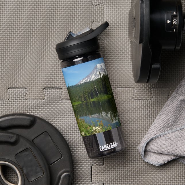 Mount Rainier Lake Reflection with Wildflowers Water Bottle (Gym)