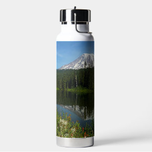 Mount Rainier Lake Reflection with Wildflowers Water Bottle