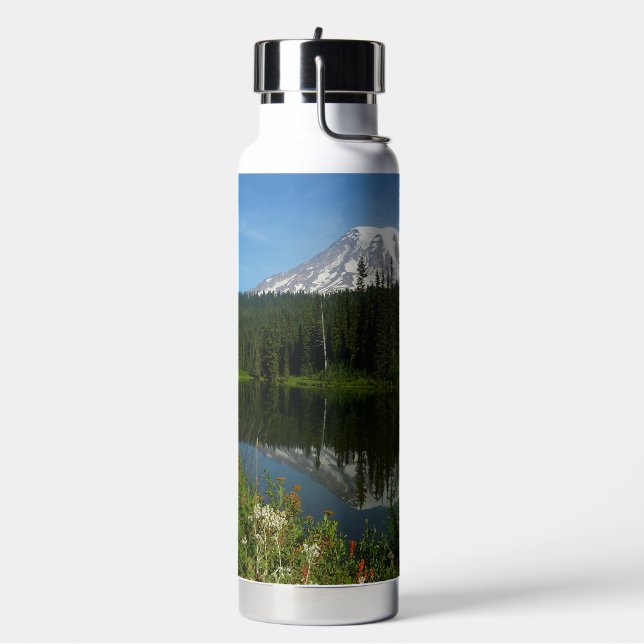 Mount Rainier Lake Reflection with Wildflowers Water Bottle (Left)