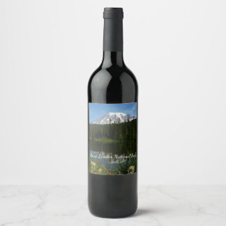 Mount Rainier Lake Reflection with Wildflowers Wine Label