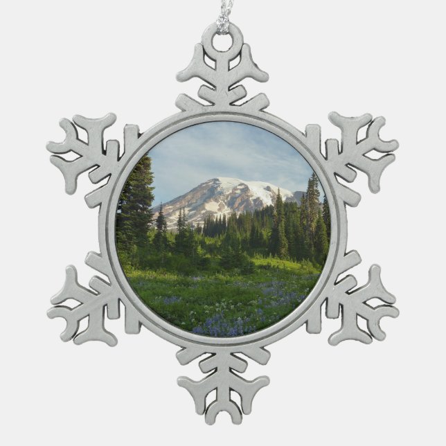Mount Rainier Morning Light Snowflake Pewter Christmas Ornament (Front)