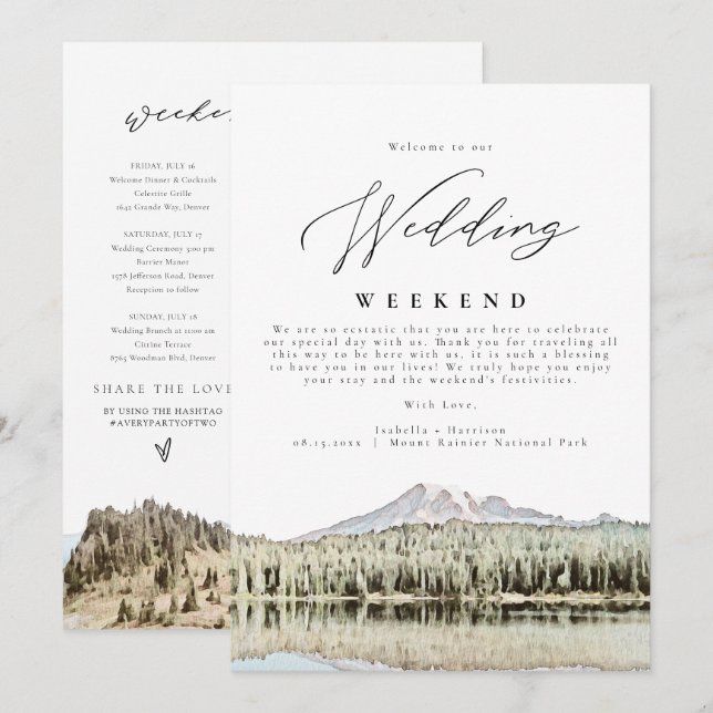 MOUNT RAINIER Mountain Wedding Welcome Itinerary Invitation (Front/Back)