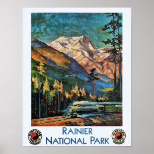 Mount Rainier National Park Vintage Train Poster
