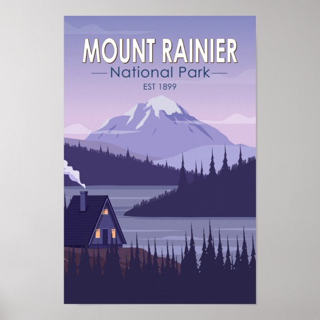 Mount Rainier National Park Washington Cabin Retro Poster (Front)