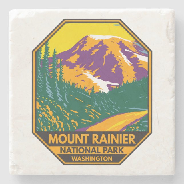 Mount Rainier National Park Washington Retro Stone Coaster (Front)