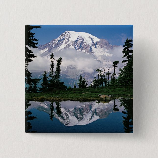 Mount Rainier relected in a mountain tarn 15 Cm Square Badge (Front)