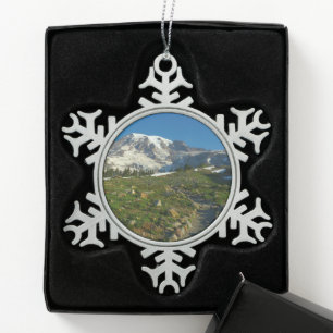 Mount Rainier Skyline Trail View Snowflake Pewter Christmas Ornament