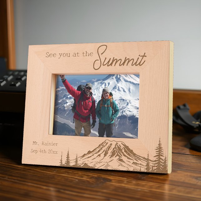 Mount Rainier Summit Adventure Climb Ascent Date Etched Frames (Personalized Mount Rainier photo frame with custom date, etched design, and inspiring quote.)