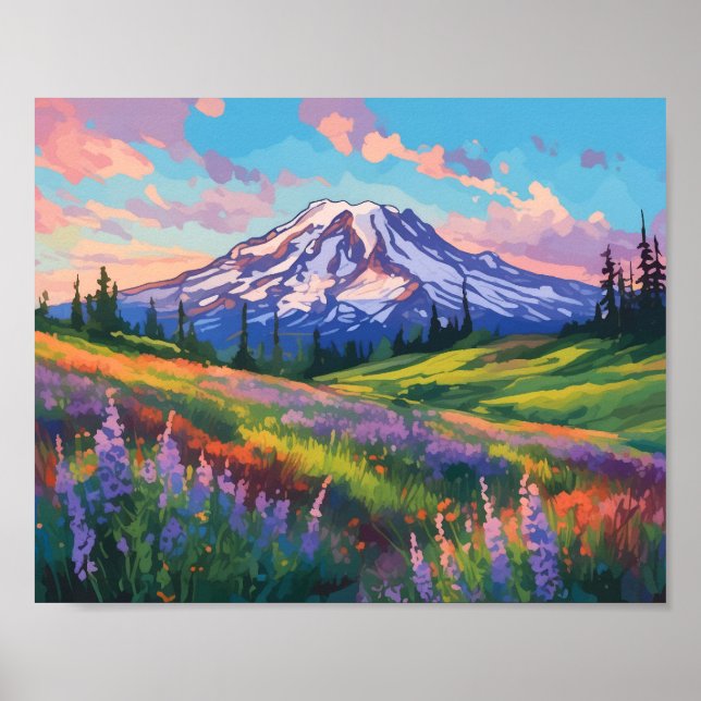 Mount Rainier Washington Watercolor Art Poster (Front)