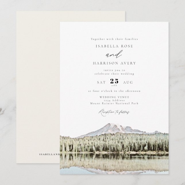 MOUNT RAINIER Watercolor Mountain Wedding Invitation (Front/Back)