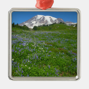 Mount Rainier with Purple Lupins Metal Tree Decoration