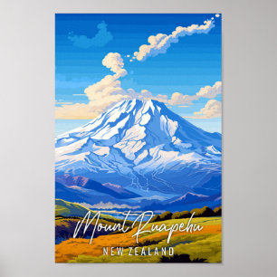 Mount Ruapehu New Zealand vintage travel Poster